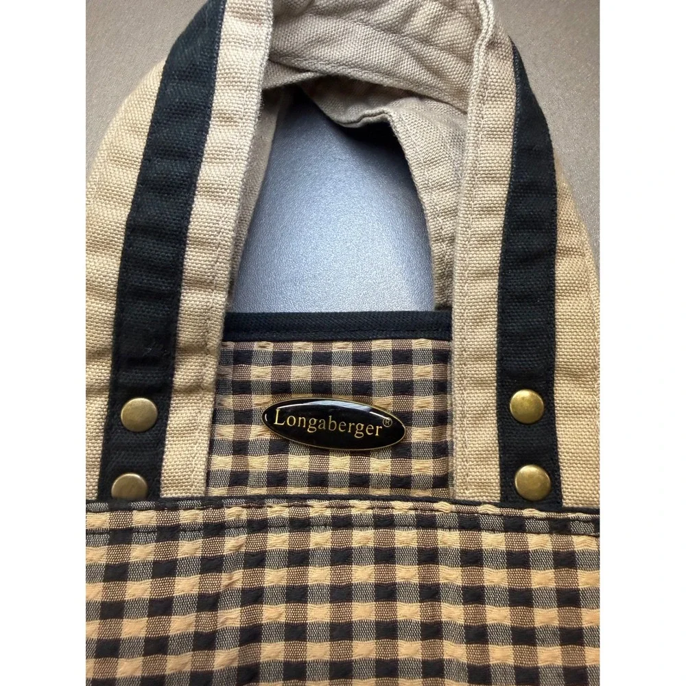 Longaberger Basket Liner Black Tan Gingham Check Canvas with Handles Logo Plaque